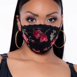 Curvy Sense Washable 3-Layer Lace-Trimmed Rose Mesh Face Mask -Black Face Masks