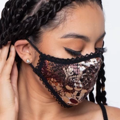 Curvy Sense Washable Dual-Layer Lace-Trimmed Snakeskin Satin Face Mask - Ivory Face Masks