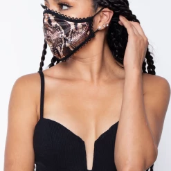 Curvy Sense Washable Dual-Layer Lace-Trimmed Snakeskin Satin Face Mask - Ivory Face Masks