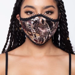 Curvy Sense Washable Dual-Layer Lace-Trimmed Snakeskin Satin Face Mask - Ivory Face Masks