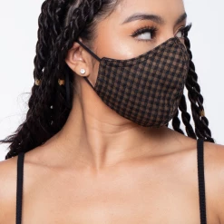 Curvy Sense Washable Fitted & Adjustable Woven Face Mask - Check Brown