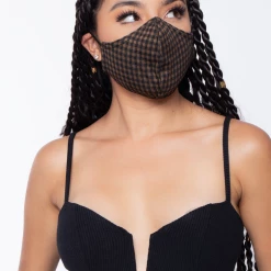 Curvy Sense Washable Fitted & Adjustable Woven Face Mask - Check Brown