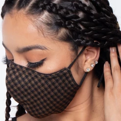 Curvy Sense Washable Fitted & Adjustable Woven Face Mask - Check Brown