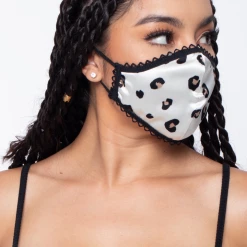 Curvy Sense Washable Dual-Layer Lace-Trimmed Leopard Satin Face Mask - Ivory Face Masks