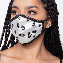 Curvy Sense Washable Dual-Layer Lace-Trimmed Leopard Satin Face Mask - Ivory Face Masks