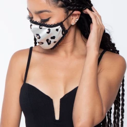 Curvy Sense Washable Dual-Layer Lace-Trimmed Leopard Satin Face Mask - Ivory Face Masks