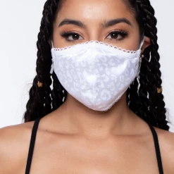 Curvy Sense Washable Dual-Layer Lace-Trimmed Leopard Satin Face Mask - White Face Masks
