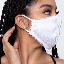 Curvy Sense Washable Dual-Layer Lace-Trimmed Leopard Satin Face Mask - White Face Masks