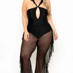 Curvy Sense Plus Size Sheer Mesh Ruffle Pants - Black