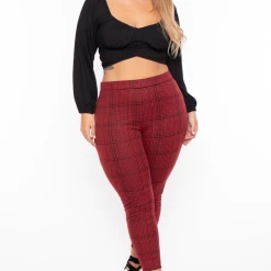 Curvy Sense Plus Size Stacey Plaid Pants- Red
