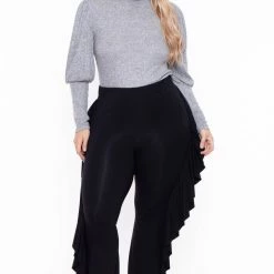 Curvy Sense Plus Size Ava Ruffle Pants - Black 12 Curvy Sense Plus Size Ava Ruffle Pants - Black