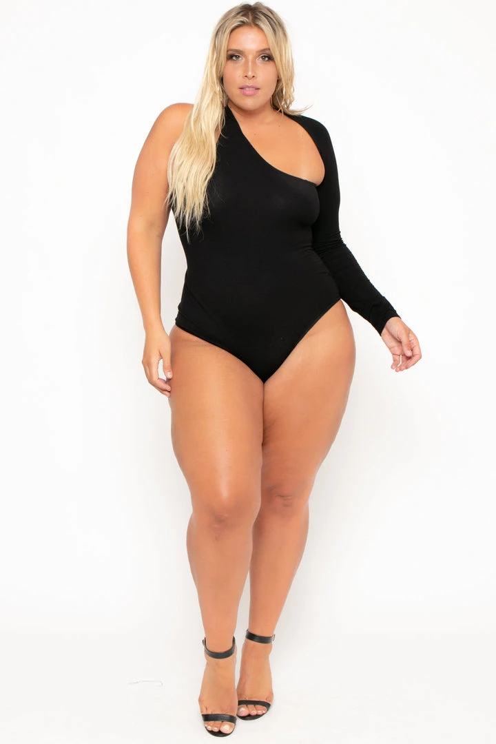 Curvy Sense Plus Size Asymmetric Wrap Around Bodysuit - Black 3 Curvy Sense Plus Size Asymmetric Wrap Around Bodysuit - Black