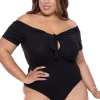 Curvy Sense Plus Size Leslie Tie Front Ribbed Bodysuit - Black Tops