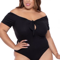 Curvy Sense Plus Size Leslie Tie Front Ribbed Bodysuit - Black Tops