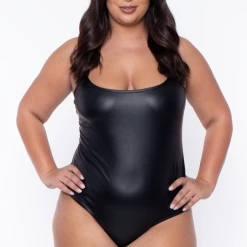 Curvy Sense Back In Stock Plus Size Leta Faux Leather Cami Bodysuit - Black