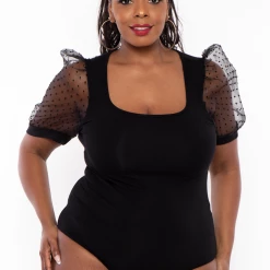 Curvy Sense Plus Size Organza Sleeves Bodysuit - Black Back In Stock