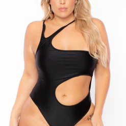 Curvy Sense Plus Size Sam Asymmetric Cut-Out Bodysuit - Black