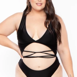Curvy Sense Swimwear Plus Size Silvana Plunge Lace-up One-piece Bodysuit - Black