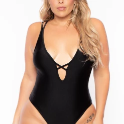 Curvy Sense Plus Size Susan Lace-up One-piece Bodysuit - Black