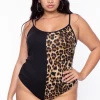 Curvy Sense Plus Size Leopard Cami Half & Half Bodysuit - Brown Tops