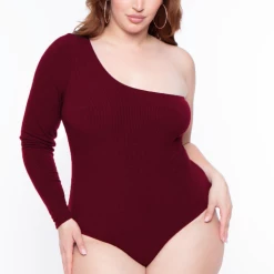 Curvy Sense Plus Size Essential Ribbed Asymmetric Bodysuit - Burgundy Essential Mix