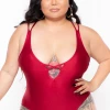Curvy Sense Plus Size Susan Lace-up One-piece Bodysuit - Burgundy