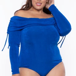 Curvy Sense Tops Plus Size Dora Off Shoulder Knit Bodysuit - Cobalt Blue