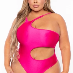 Curvy Sense Swimwear Plus Size Sam Asymmetric Cut-Out Bodysuit - Fuchsia