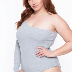 Curvy Sense Essential Mix Plus Size Essential Ribbed Asymmetric Bodysuit - Heather Grey