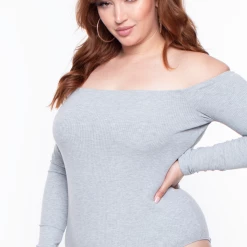 Curvy Sense Essential Mix Plus Size Essential Ribbed Off The Shoulder Bodysuit - Heather Grey