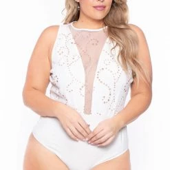 Curvy Sense Bodysuits Plus Size Gia Glitter Sleeveless Bodysuit- Ivory