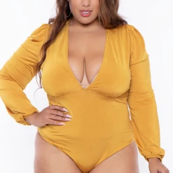 Curvy Sense Plus Size Lori Plunging Neck Knit Bodysuit - Mustard