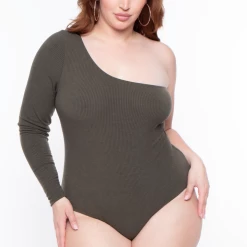 Curvy Sense Plus Size Essential Ribbed Asymmetric Bodysuit - Olive
