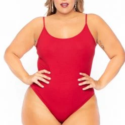 Curvy Sense Plus Size Jersey Girl Bodysuit - Red Back In Stock