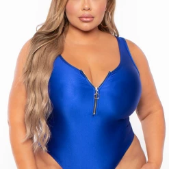 Curvy Sense Plus Size Silvia Exposed Zipper One-piece Bodysuit - Royal