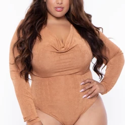 Curvy Sense Tops Plus Size Sharon Cowl Neck Knit Bodysuit - Taupe