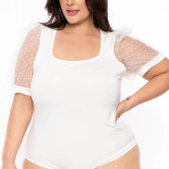 Curvy Sense Plus Size Organza Sleeves Bodysuit - White 9 Curvy Sense Plus Size Organza Sleeves Bodysuit - White