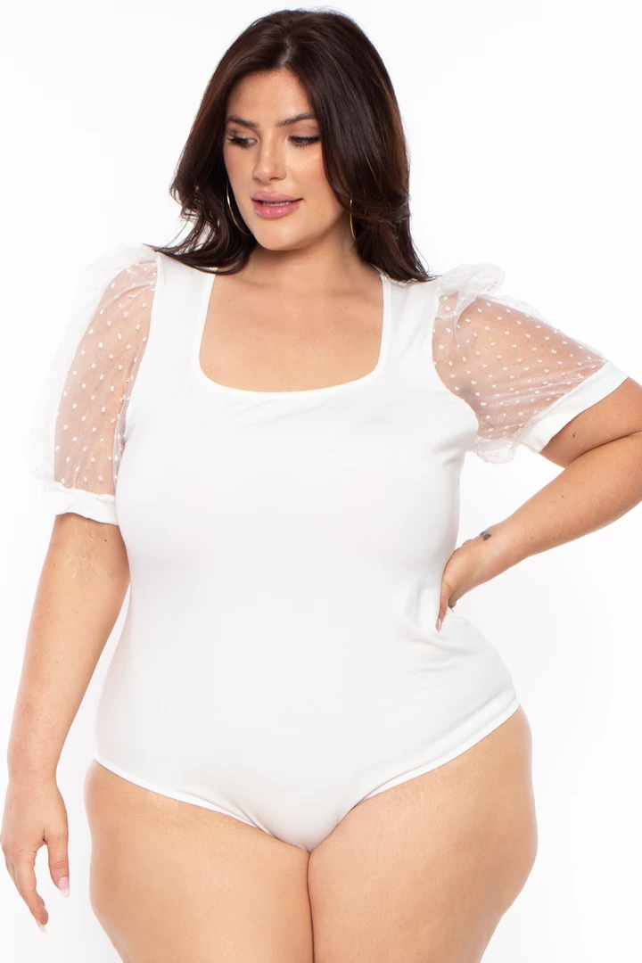 Curvy Sense Plus Size Organza Sleeves Bodysuit - White 6 Curvy Sense Plus Size Organza Sleeves Bodysuit - White