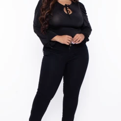 Curvy Sense Tops Plus Size Beth Keyhole Knit Bodysuit - Black