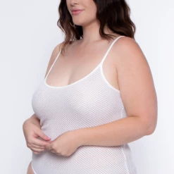 Curvy Sense Plus Size Cami Fishnet Bodysuit - White