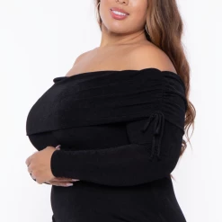 Curvy Sense Tops Plus Size Dora Off Shoulder Knit Bodysuit - Black
