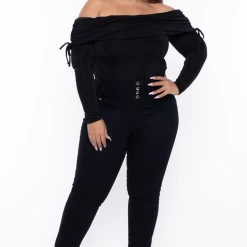 Curvy Sense Tops Plus Size Dora Off Shoulder Knit Bodysuit - Black