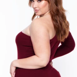 Curvy Sense Plus Size Essential Ribbed Asymmetric Bodysuit - Burgundy Essential Mix