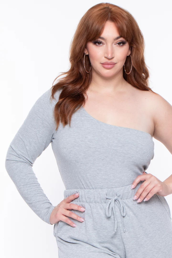 Curvy Sense Essential Mix Plus Size Essential Ribbed Asymmetric Bodysuit - Heather Grey 7 Curvy Sense Essential Mix Plus Size Essential Ribbed Asymmetric Bodysuit - Heather Grey