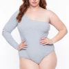 Curvy Sense Essential Mix Plus Size Essential Ribbed Asymmetric Bodysuit - Heather Grey