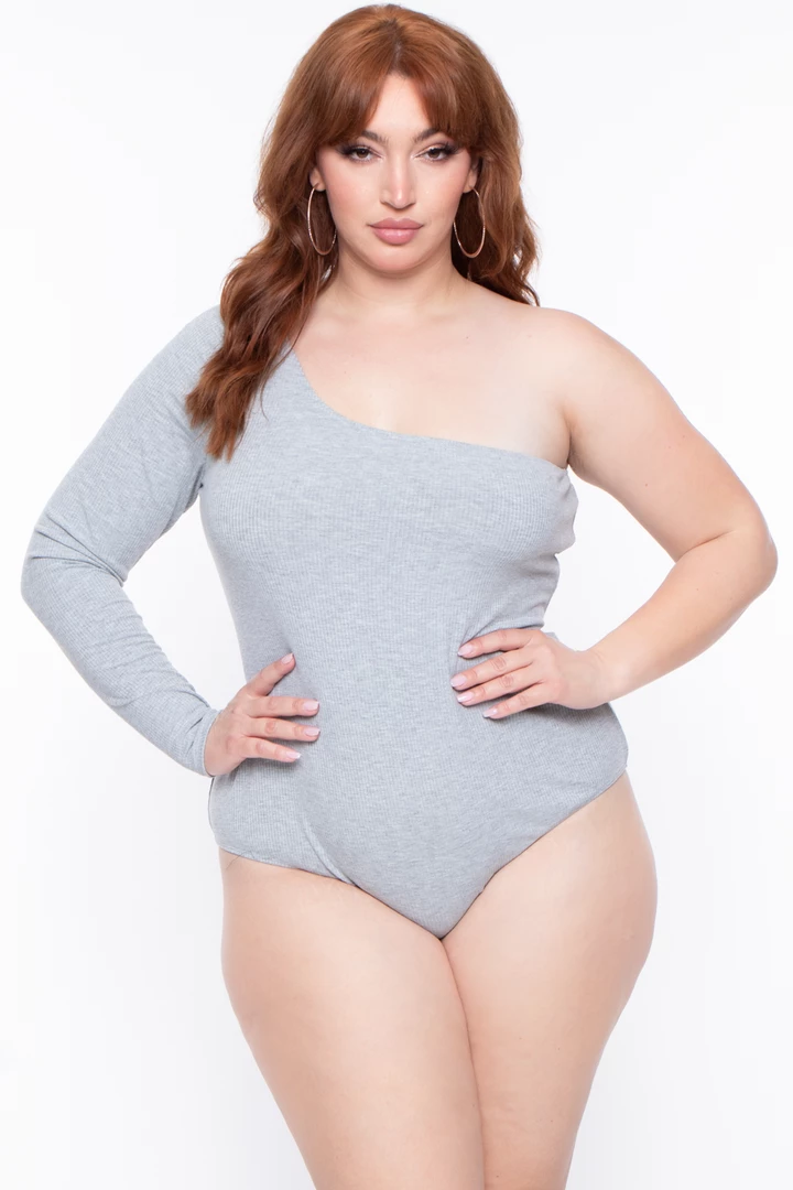 Curvy Sense Essential Mix Plus Size Essential Ribbed Asymmetric Bodysuit - Heather Grey 3 Curvy Sense Essential Mix Plus Size Essential Ribbed Asymmetric Bodysuit - Heather Grey