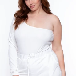 Curvy Sense Plus Size Essential Ribbed Asymmetric Bodysuit - Ivory
