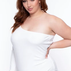 Curvy Sense Plus Size Essential Ribbed Asymmetric Bodysuit - Ivory