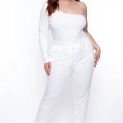 Curvy Sense Plus Size Essential Ribbed Asymmetric Bodysuit - Ivory