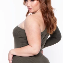 Curvy Sense Plus Size Essential Ribbed Asymmetric Bodysuit - Olive